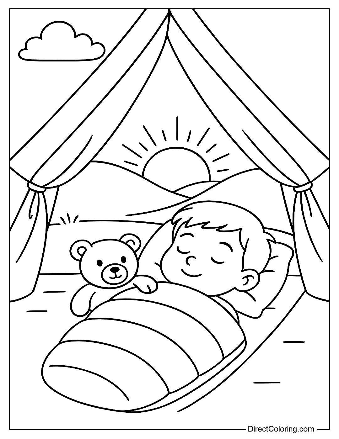 Coloring page of a kid lying in a sleeping bag, with a teddy bear next to him, and the sun rising outside the tent.